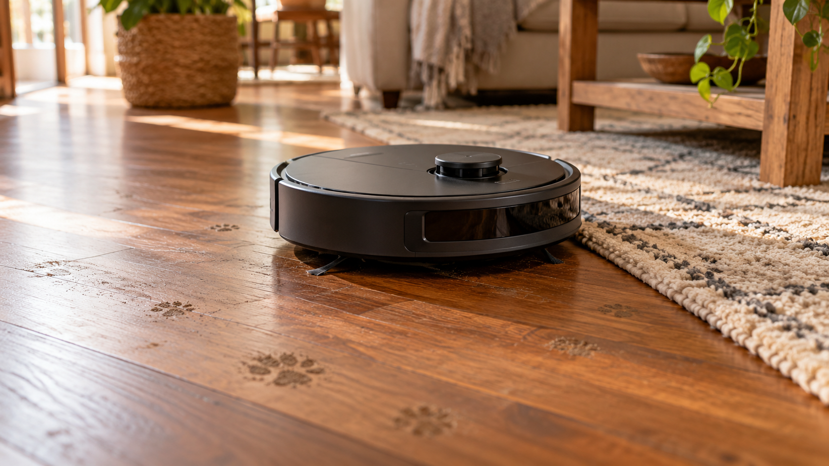 A robot vacuum working across a hardwood floor and rug in a lived-in home, with muddy paw prints nearby